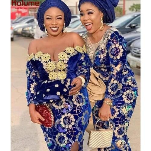 Royal Blue African Velvet Lace Fabric Embroidered Sequined Lace For Nigerian Dress High Quality French Tulle Lace Fabric 1753