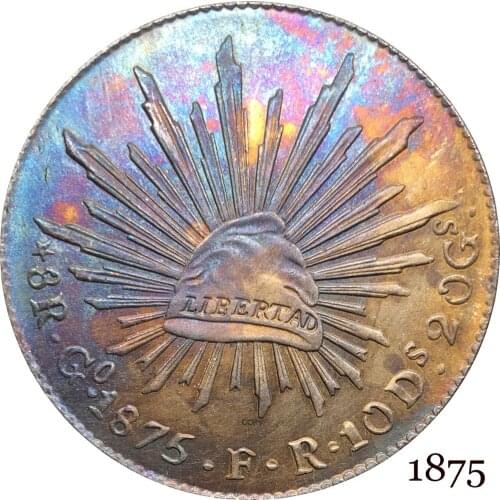 Mexico Republic Mexicana 1875 F R 8 Reales Libertad Eagle With Snake On Cactus Radiant Cap With Rays Silver Plated Copy Coins