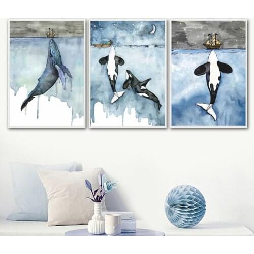 Cartoon Blue Whale Shark Boat Wall Art Canvas Painting Nordic Posters And Prints Wall Pictures For Living Room Decor