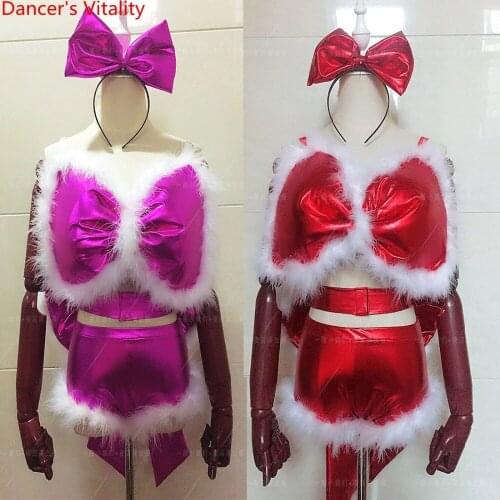 Nightclub Bar Christmas Bra+Shorts+Headdress 3pcs Sexy Lovely Stage Wear DS Pole Dance Female Singer DJ Red Performance Costume
