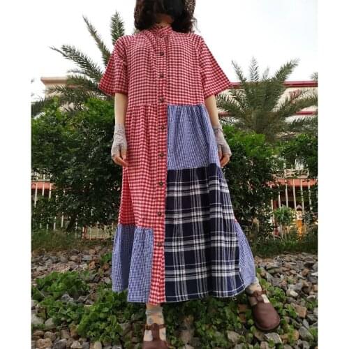 New Casual Loose Plaid Stitching Stand-Pp Collar Short-Sleeved Womens Long Skirt Dress Women Dresses Dress Shirt