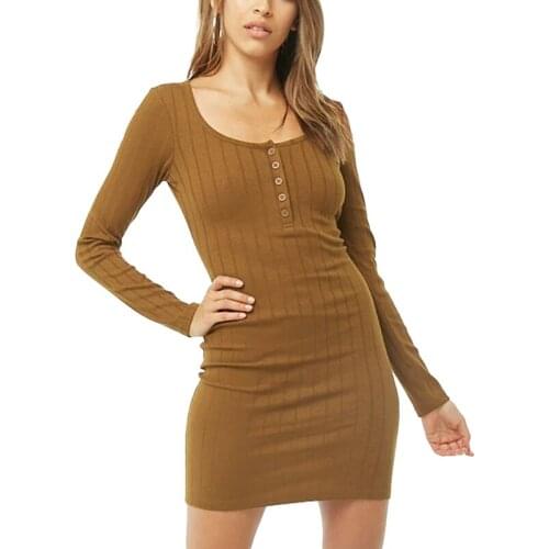 2020 Autumn Fashion Womens Slim Dresses Long Sleeve Solid Color Female Round Neck Slimming Dress Sexy