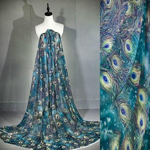 Fashion Malachite Green Peacock Feather Stretch Tulle Dress Performance Dress Fabric, by the meter