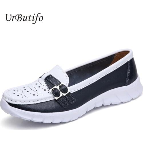 Urbutifo Women Flats Shoes Slip On Comfortable Loafers Shoes Hollow Out Buckle Decoration Leather Ladies Shoes Erkek Ayakkabi