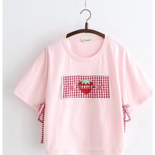Vintage Harajuku Korean Style Strawberry Lace Up T Shirts Women Teen Girl 2020 Summer Kawaii Short Sleeve Mori Girl Tee Shirt