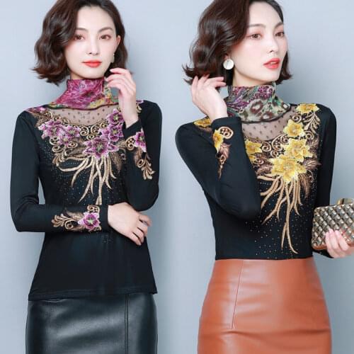 2020 New Women Autumn Winter Fashion Mesh Floral Embroidery Blouse Lady Elegant Silm Fleece Elaticity All-math Shirt Tops A310