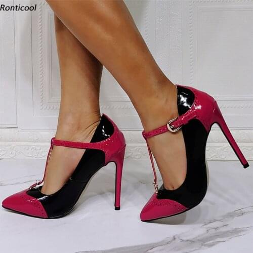 Ronticool Handmade Women T-Strap Shiny Pumps British Style Buckle Sexy Stiletto Heel Pointed Toe 9 Colors Party Shoes Size 35-47