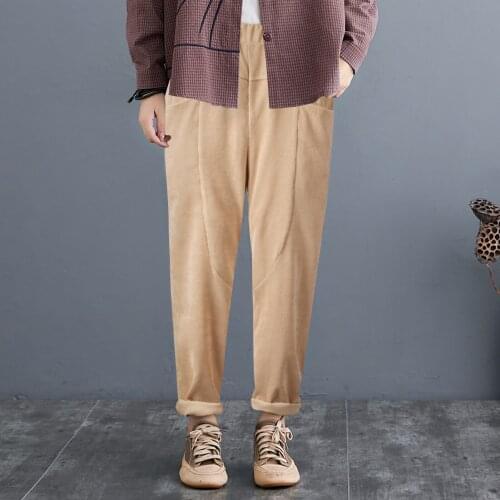 Women Corduroy Pants Solid Elastic Waist Large Pockets Retro Trousers 2021 Autumn Fashion Loose Casual Harem Pants Pantalon