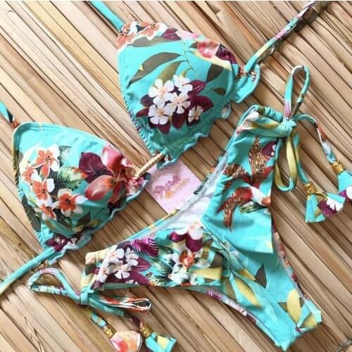Sexy Mini Tanga Bikini Floral Print Swimsuit Push Up Brazilian 2 Pieces Swimwear Micro Bikini Women 2020 Padded Halter Biquini