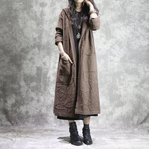 Johnature Women Hooded Knitted Cotton Cardigan 2020 Autumn New Solid Color Pockets Loose Warm Long Sleeve Women Sweaters Coats