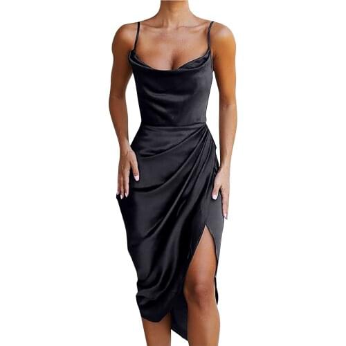 Dresses For Women 2021 Womens Sexy Spaghetti Strap Satin Dress Backless Ruched Hem Cami Party Dress Vestidos Mujer Verano 2021