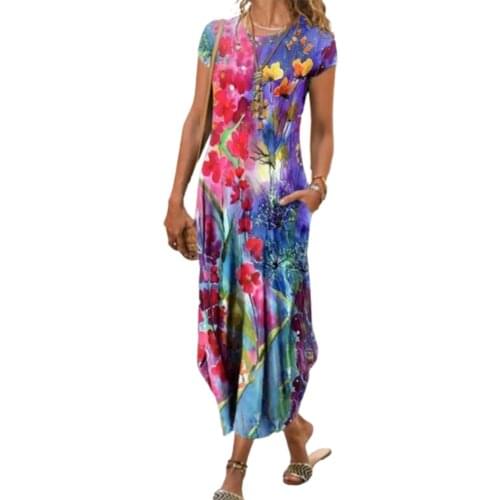 Summer Boho Dresses Women Vintage Floral Print Short Sleeve Round Neck Dress Women Sundress Pocket Beach Long Dress Plus Size
