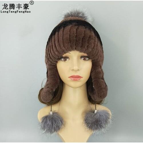 Winter Real Rex Rabbit Fur Hats Women Beanies Natural Rex Rabbit Ear protect Hat Lady Cap With Cute Fox Pompom Ball Warm Fur Hat