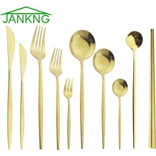 6Pcs Gold Cutlery Ice Spoon Dessert Fork Dinner Knife Fork Spoon Stainless Steel Dinnerware Set Shiny Flatware Kitchen Tableware