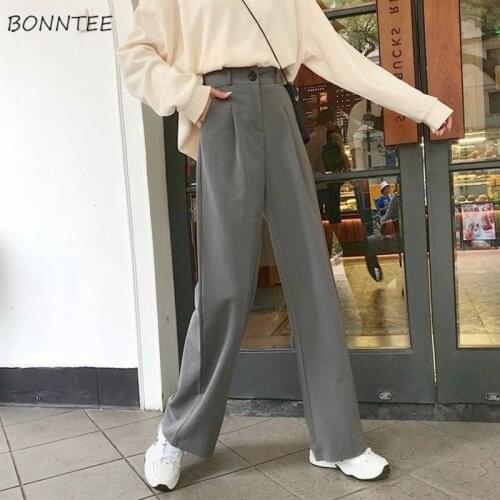Pants Women Casual High Waist Wide Leg 2021 New Spring Autumn Korean Style Loose Fashion Ins Pocket Solid Full Length Trousers