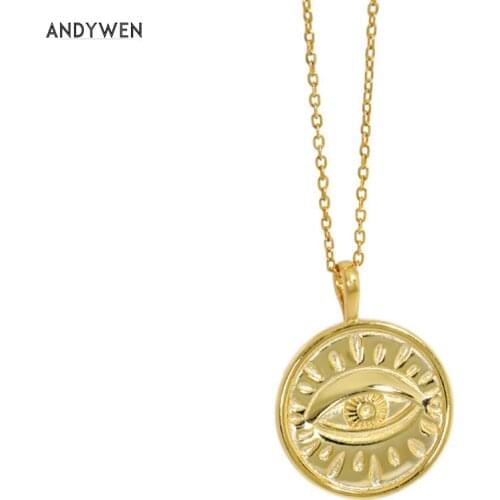 ANDYWEN 925 Sterling Silver Geometric Irregular Coins Eye Pendant Necklace Long Chain Wedding Gift Rock Punk Fashion Fine Jewel