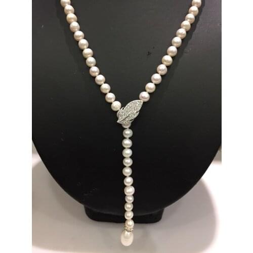 Hand knotted 60-65cm 7-8 mm natural white freshwater pearl y-shaped sweater chain leaf clasp necklace fashion jewelry