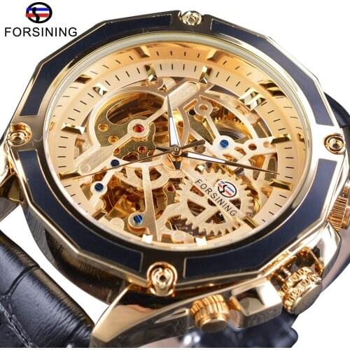 Forsining Mens Watches Mechanical Wristwatch Golden Skeleton Dial Steampunk Waterproof Sport Watches Black Genuine Leather