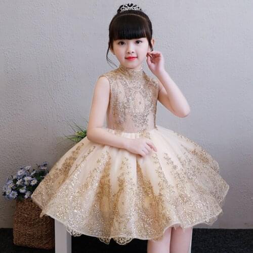 Elegant Golden Turtleneck Flower Girl Dress Kids Pageant Gown Princess Wedding Party Sleeveless First Communion Dresses 1-14T