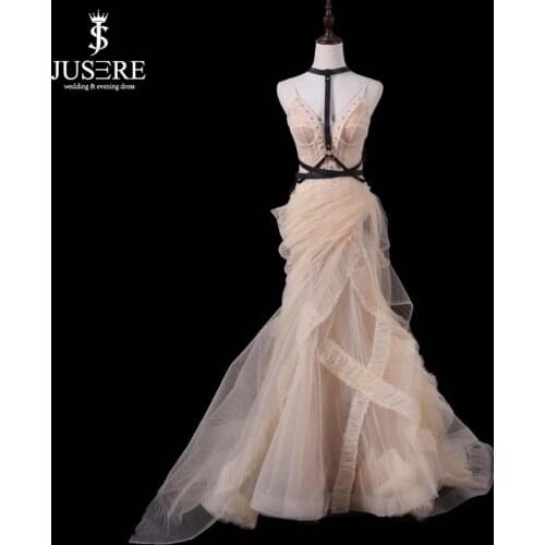 Jusere 2019 Real Photos Champagne Illusion Tulle Prom Gowns Chic Design Criss-Cross Party Dress vestidos de fiesta de noch