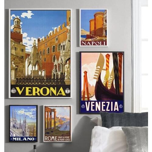 Canvas Painting Italy Naples Venice Milan Rome Vintage Travel Cities Landscape Poster Wall Art Pictures for Living Room Decor