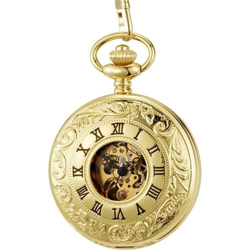 Mechanical Pocket Watch for Men Gold Black Case Skeleton Roman Numeral Reloj Flip Fob Waist Chain Pendant Mechanisch zakhorloge