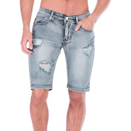 Men Shorts Ripped Holes Multi Pockets Slim- Fit Mid Waist Stylish Straight Fashion Denim Shorts Casual Short Pants шорты