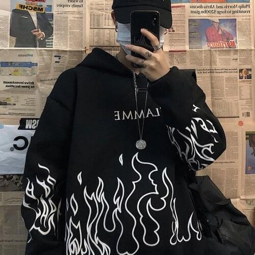 Men Flame Print Hoodies Men Women Autumn Casual Long Sleeve Hooded Pullover Sweatshirts Harajuku Korean Style Streetwear Tops