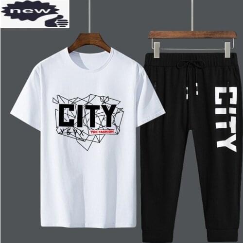 Mens Summer Two Piece Set Short Sleeve Casual Top Floral Print Drawstring Pockets Cropped trousers Gym Jogging New Men Tracksuit