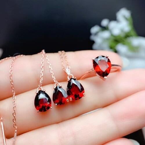 Best Gift Natural Real Garnet Set Natural And Real Garnet Jewelry set 925 sterling silver 1pc Ring,1pc Pendant,2pcs Earring