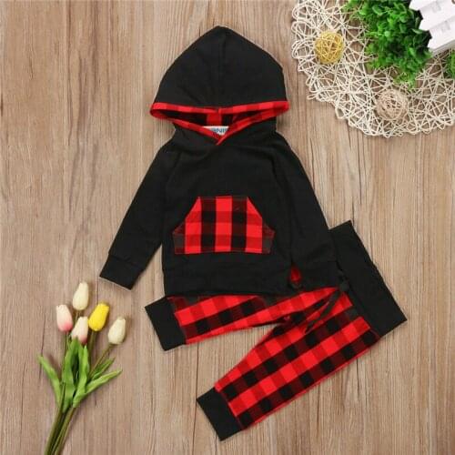Newborn Infant Baby Girls Boys Clothes Fashion Casual Long Sleeve Hoodies Tops T shirt Plaid Long Pants Outfits