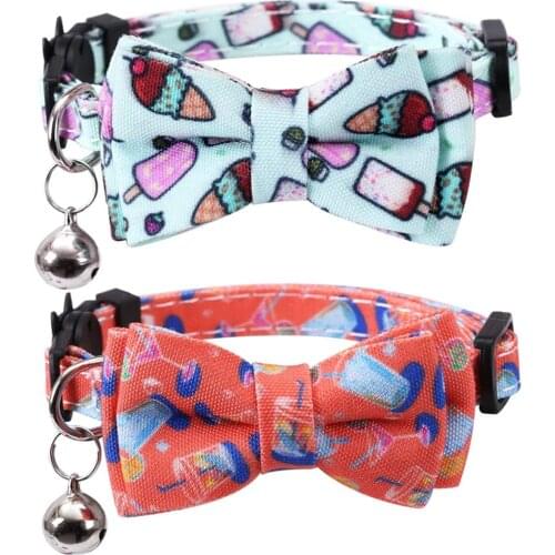 Cat Collar Breakaway with Cute Bow Tie and Bell Ice Cream Patterns Summer Adjustable Safety Kitten Collars for Kitty and Pets