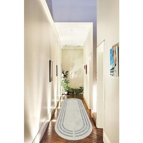 Gri Şeritli Krem Eskitme Oval Halı (Makinada Yıkanabilir Kaymaz Deri Taban) - CP525