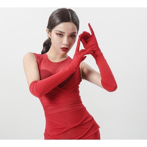 New Latin Dance Gloves Professional Modern Standard Dance Accessories Rumba Tango Samba Cha Cha Dance Black/Red Sleeve DWY5905