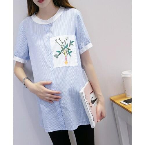 Striped Maternity Shirts Cotton Pregnant Women Short-sleeved Leisure Tops Summer Colthes Embroider Comfortably Breathable