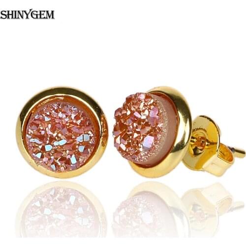 ShinyGem Classical 6-12mm Natural Sparkling Crystal Druzy Earrings Gold Plating Bezel Stud Earrings For Women Girls Wedding Gift