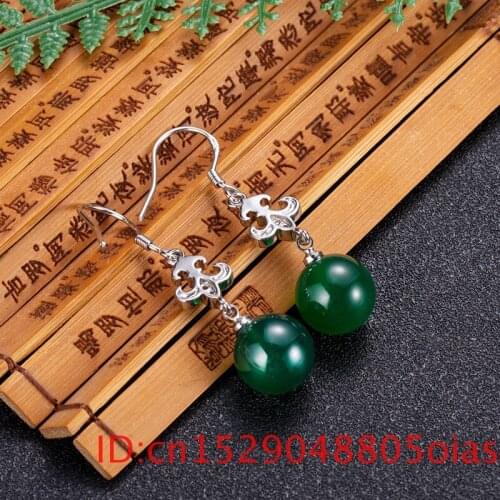 Natural Green Jade Bead Earring Women Amulet for Fashion Chalcedony Jewelry 925 Silver Gifts