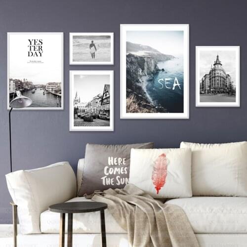 Scandinavian Buildings City Poster Nordic Ocean Waves Surfing Wall Art Canvas Print Painting Decoration Picture Home Decor