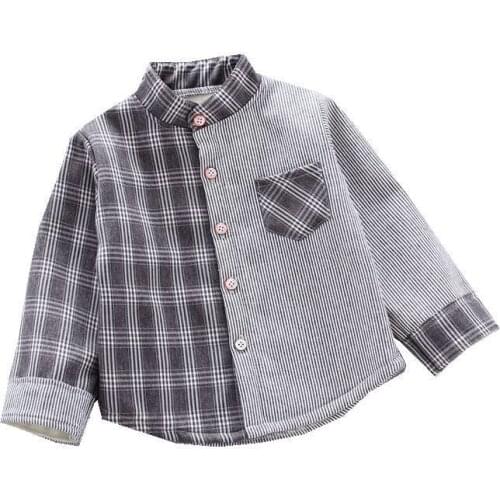 New Autumn Winter Children Clothes Suit Baby Boy Girls Single Piece Stitching Velvet Lapel Shirt Toddler Kid Cotton Clothing