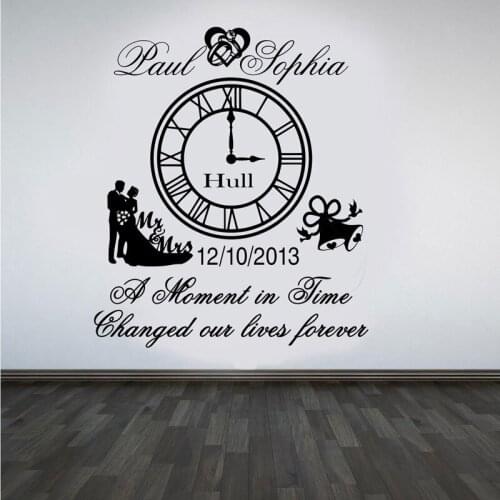 Personalised Wedding Anniversary Clock Vinyl Wall Art Clock Sticker with quote "A MOMENT IN TIME CHANGED OUR LIVES FOREVER" WD06