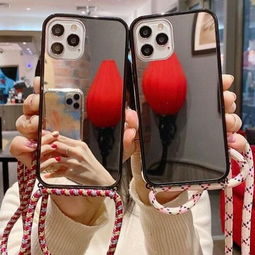 Fashion Makeup Mirror Phone Case for iPhone 12 Mini 11 Pro XS Max XR 7 8 Plus Necklace Cord Chain Hanging Rope Crossbody Cover