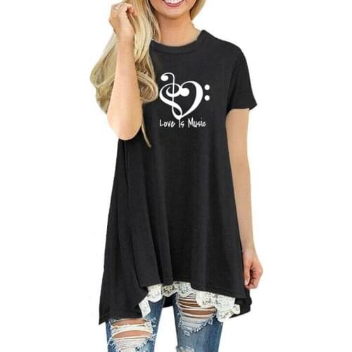 Graphic Love is Music Note Letter Print Long T-shirt Women Lover Gift Summer Autumn Sexy Tshirt Women Lace Casual Shirt Female