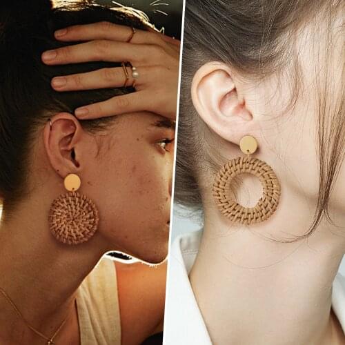 LOVR Statement Geometric Round Earrings For Women Fashion Handmade Wooden Straw Woven Vine Rattan Drop Earrings Party Jewelry