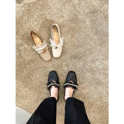 Spring And Summer New Exquisite Pearl Decoration Temperament Square Toe All-match Shallow Mouth Low-heeled Ladies Single Shoes