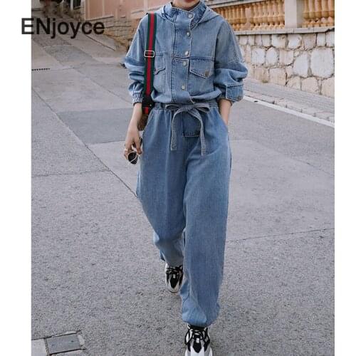 Women 2020 High Street Denim Hoodies Jumpsuits Female Spring Fall Ankle-length Handsome Long Sleeve Loose Cargo Jeans Playsuit