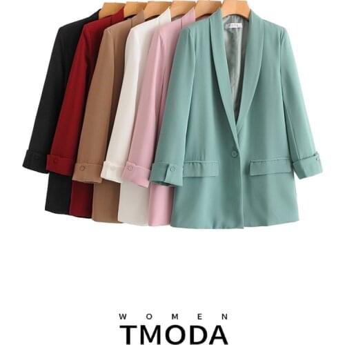 TMODA502 2021 Women Solid Color Long Blazer Pleated Sleeve Loose Coat Office Lady Work Style Small Suit Single Button Jacket
