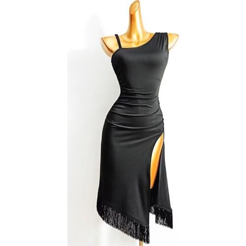 Women Strap Dress Split Latin Dance Clothing Tassel Practice Ballroom Wear Cha Cha Samba Sexy Skirts for Performance