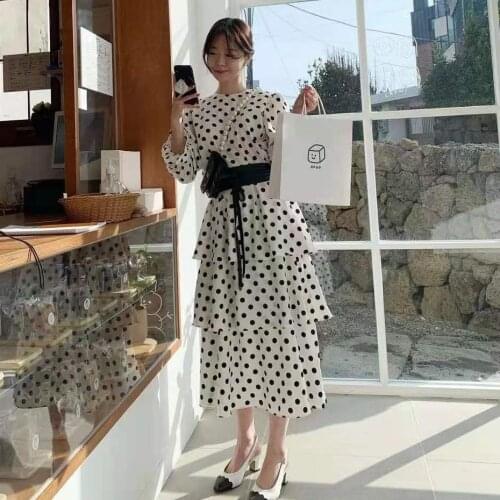 Sexy Dresses Women White Polka Dot A-Line Vintage Spring Fall Party Long Sleeve Elegant Cake Midi Office Wedding Birthday Dress