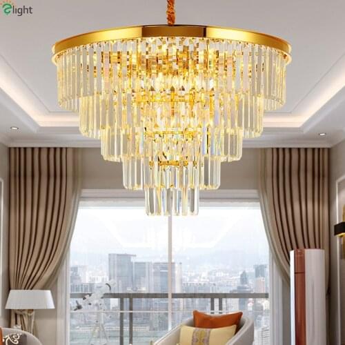 Lustre Gold Metal Led Chandelier Lighting K9 Crystal Living Room Led Pendant Chandelier Lights Dining Room Hanging Lamp Fixtures