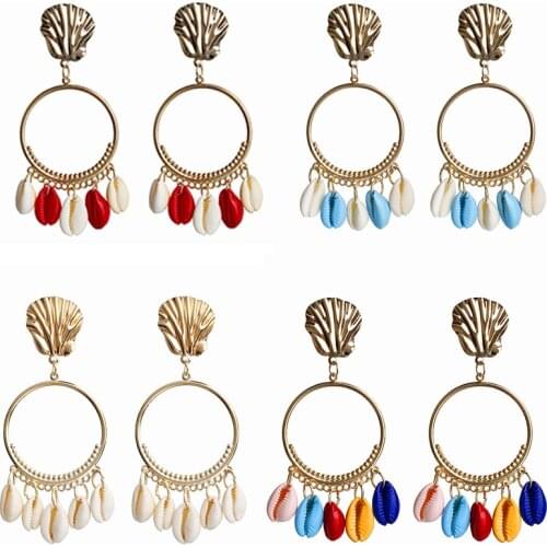 2019 New Summer Beach Jewelry Trendy Sea Shell Earrings For Women Gold Metal Tassel Shell Cowrie Colorful Dangle Earrings